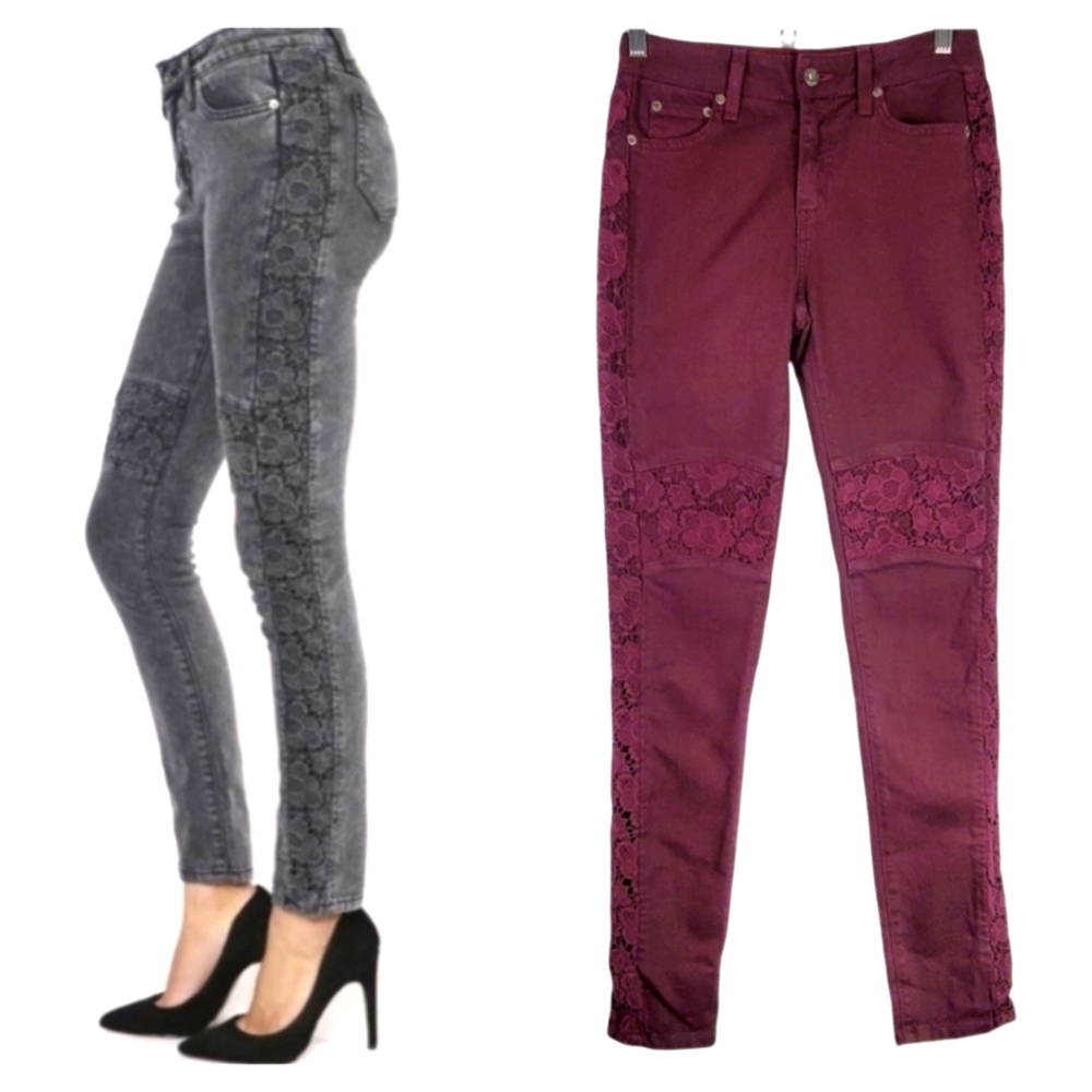 Carmar Burgundy Lace Trim Moto Skinny Jeans 25